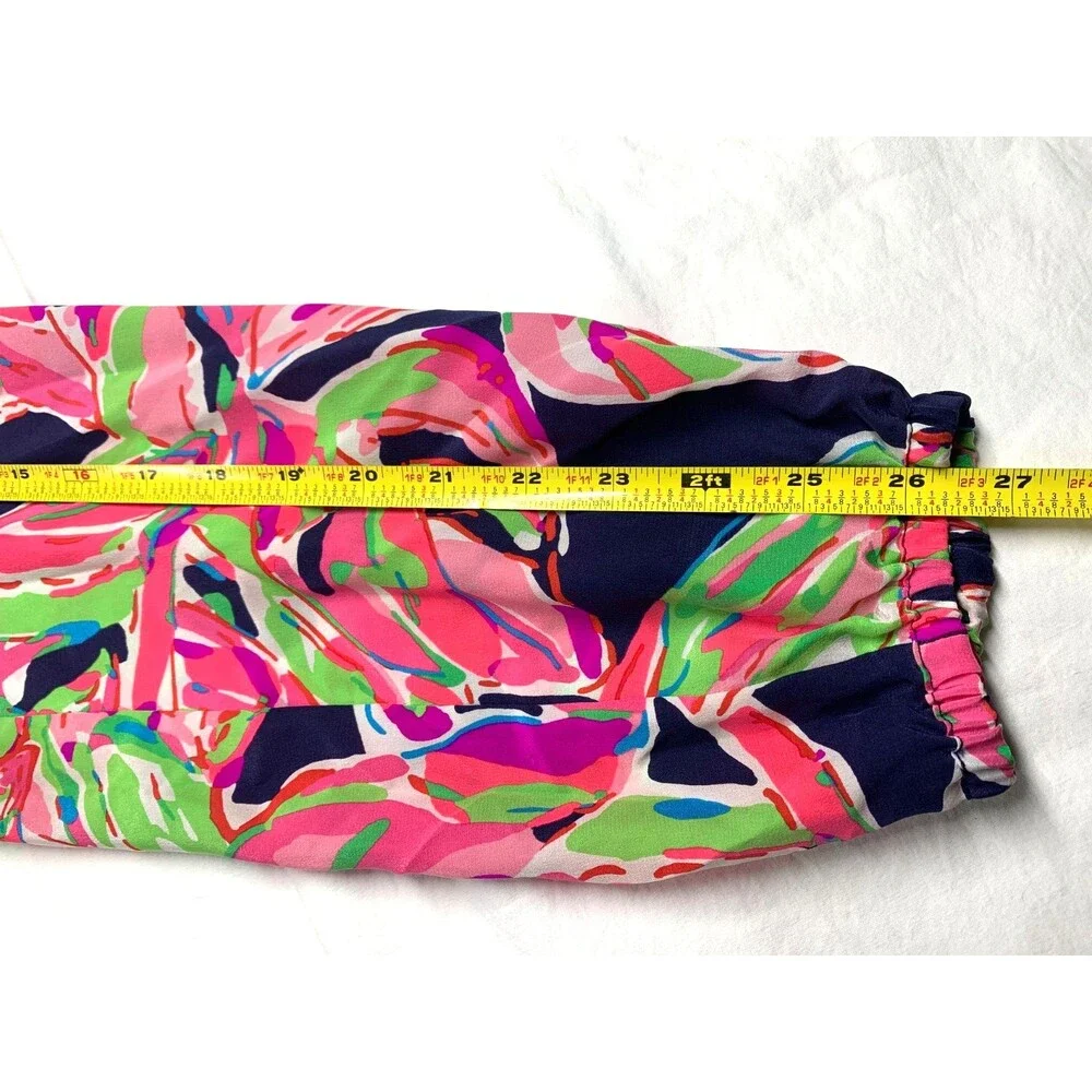 Lilly Pulitzer Elsa Silk Top Blouse Vias Pink Lime Green Navy Blue Printed M
